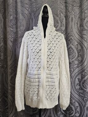 Cabela's Cotton Cream Hooded Openwork Zip Cardigan